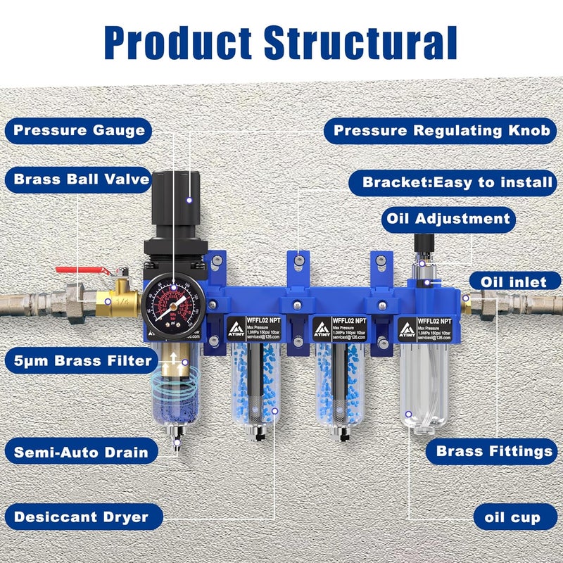 ATINY 1/4"NPT Air Filter Regulator Lubricator Combo, Air Regulator and Water Separator,Air Compressor Water Separator,5 Micron Brass Filter Cartridge,Double Desiccant Dryers-Blue - Image 4